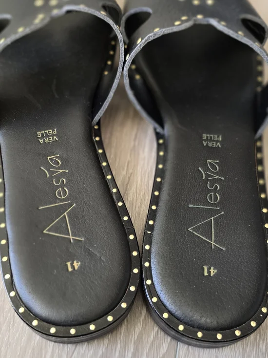 Italian Leather Studded Slide Sandals Black Minimal Luxe EU 41 US 10 - Picture 2 of 9